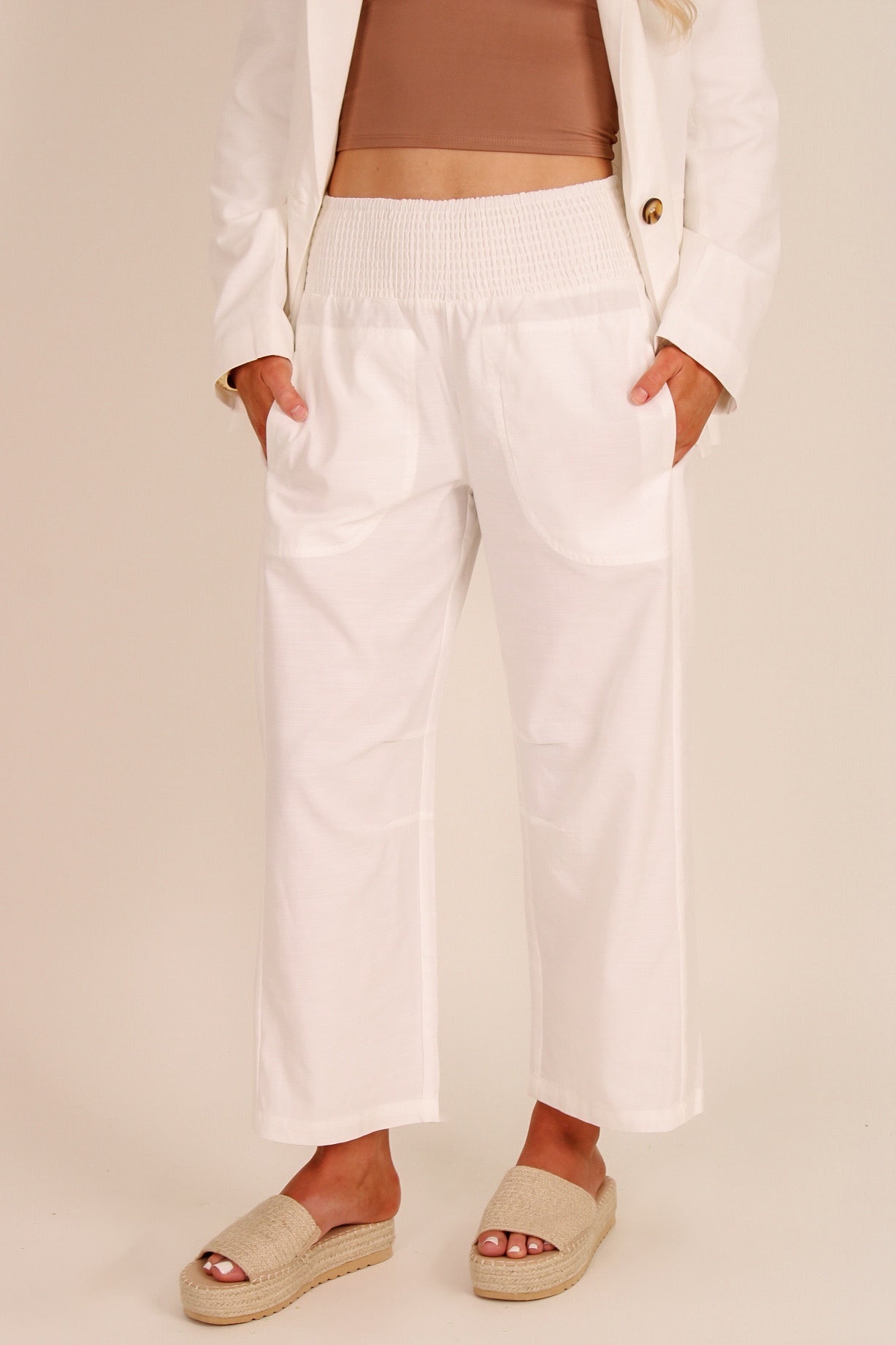 Pure Intentions Smocked Cropped Pants - Off White