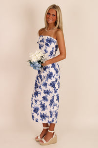 Porcelain Rose Floral Strapless Midi Dress - Blue