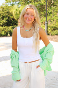 Ribbed Scoop Neck Button Front Tank Top - White