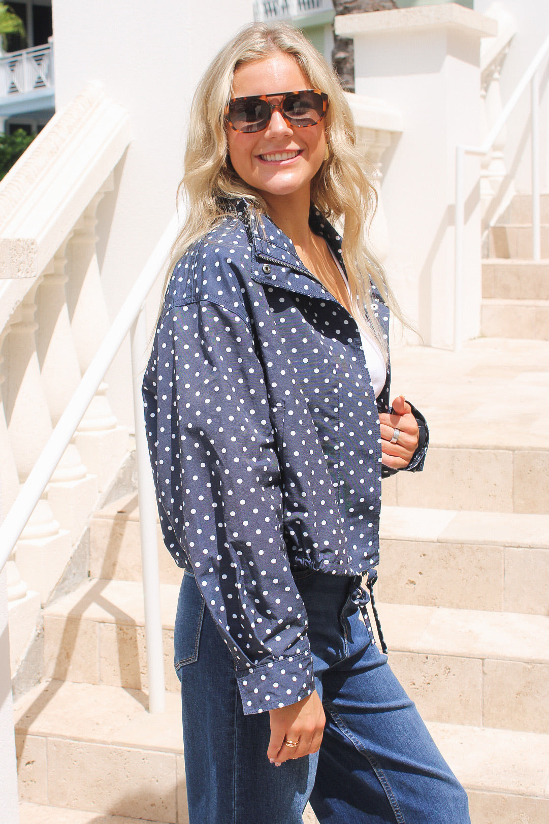 Style Status Polka Dot Zipper Jacket - Navy