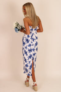Porcelain Rose Floral Strapless Midi Dress - Blue