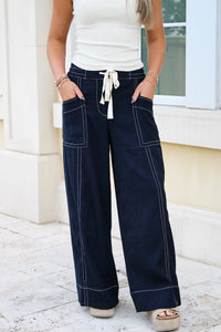 Willow Stitched Contrast Wide Leg Pant - Navy