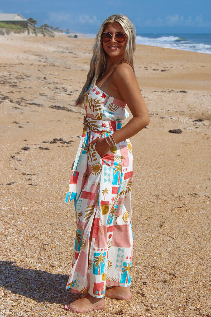 belted maxi dress Lilla P Split Neck Belted Maxi Dress