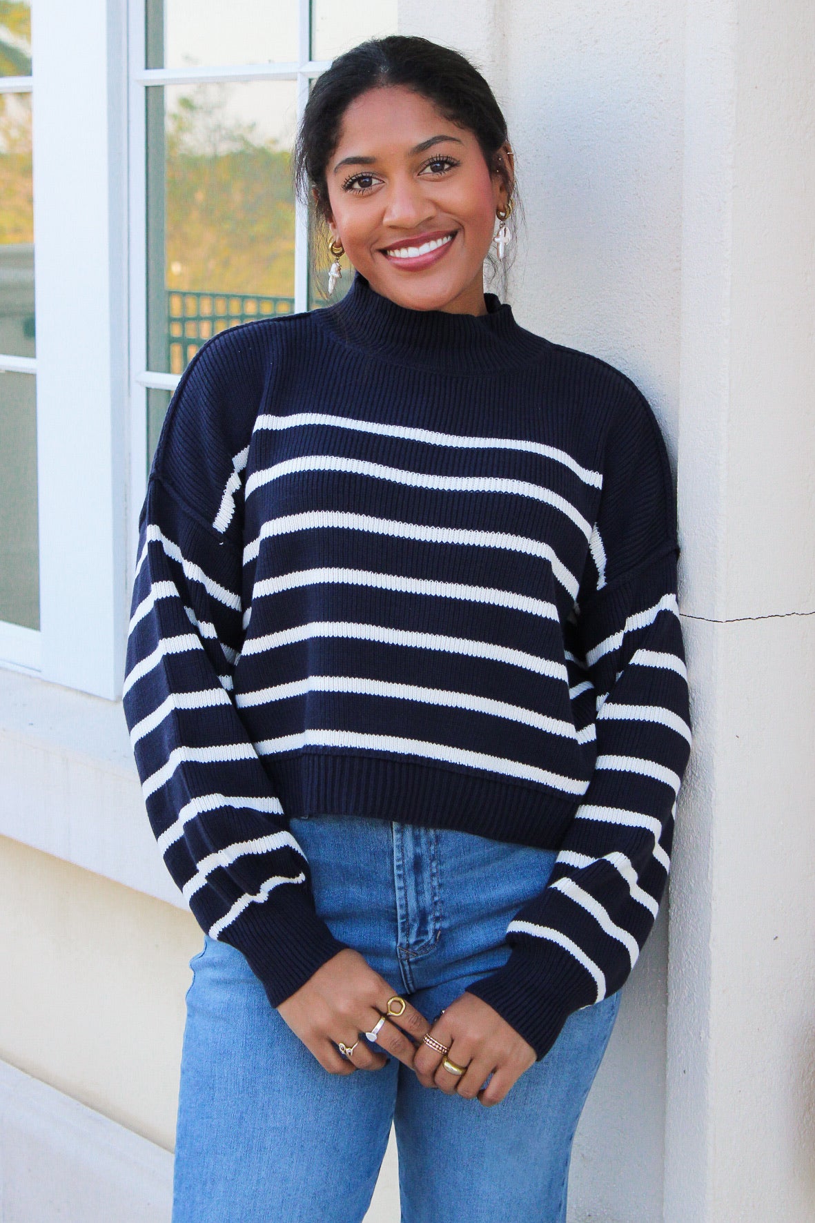 Cozier Times Striped Mock Neck Sweater - Navy – Makk Fashions