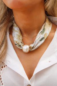 Large Pearl Printed Silk Scarf Necklace - Tan