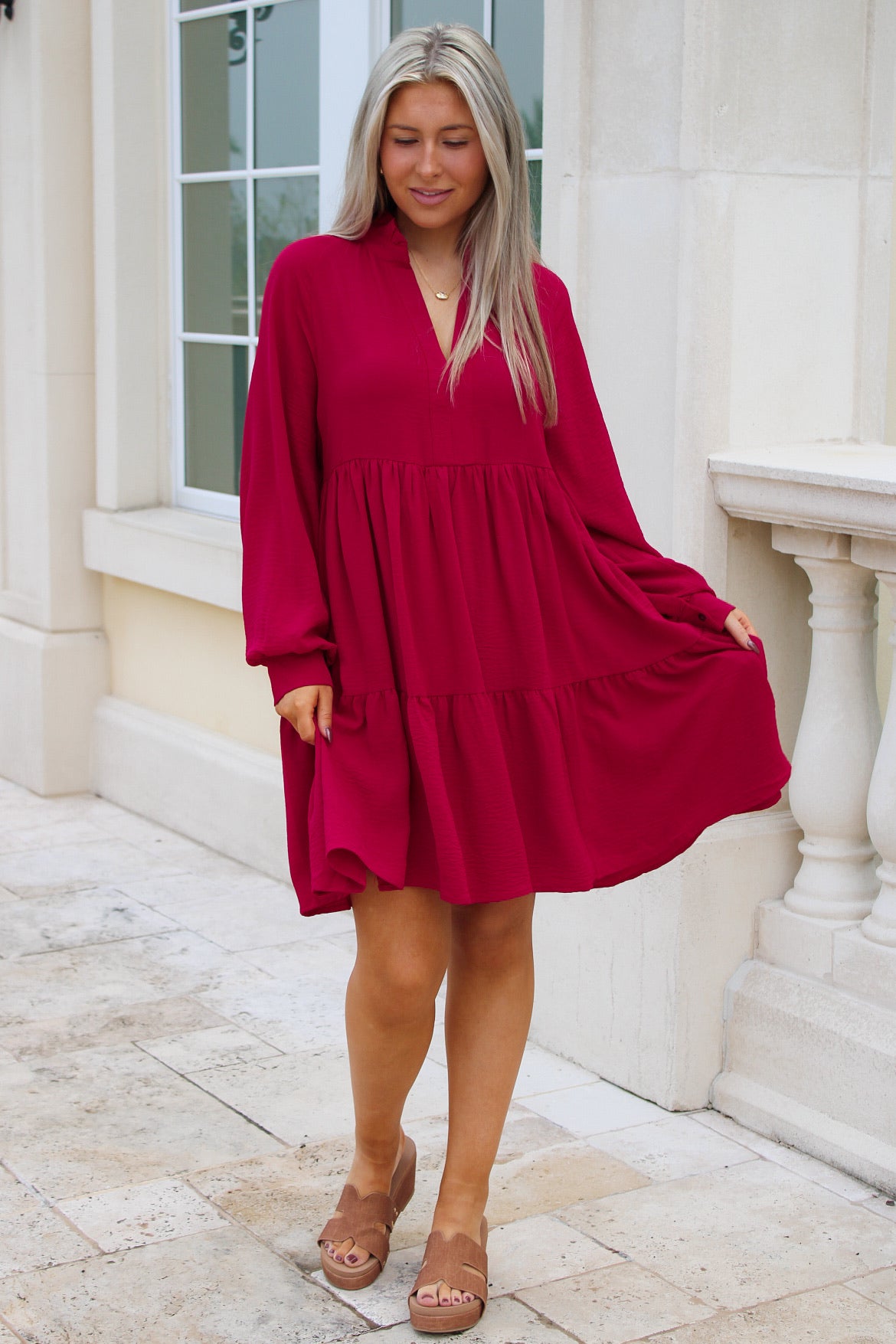 Autumn Harvest Woven Tiered Dress - Wine