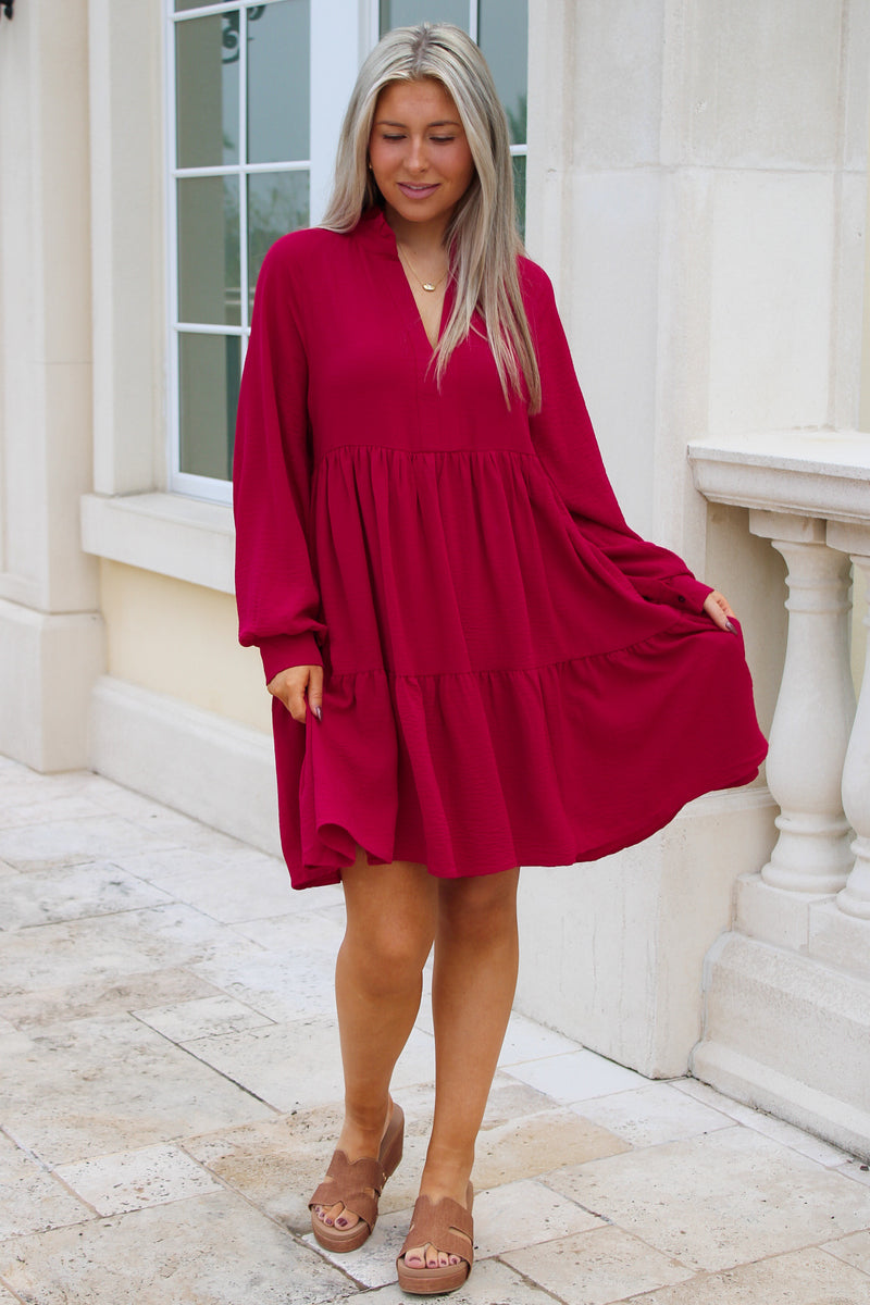 Autumn Harvest Woven Tiered Dress - Wine