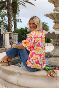 Sunset Bloom Bubble Sleeve Top - Pink