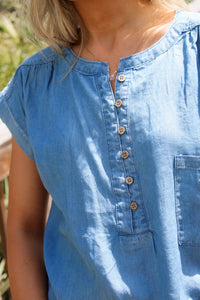 Blue Haven Henley Ruched  Top - Chambray