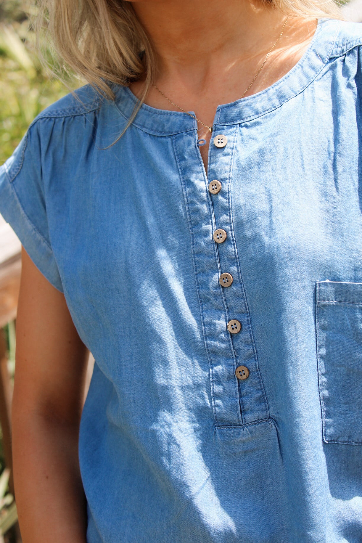 Blue Haven Henley Ruched  Top - Chambray
