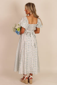 Sweet Moments Floral Print Puff Sleeve Midi Dress -Blue