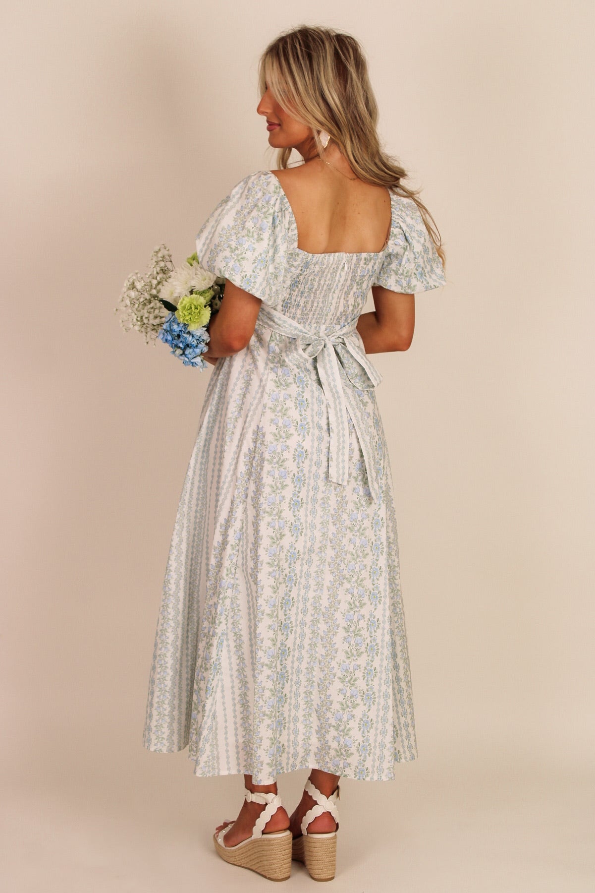 Sweet Moments Floral Print Puff Sleeve Midi Dress -Blue