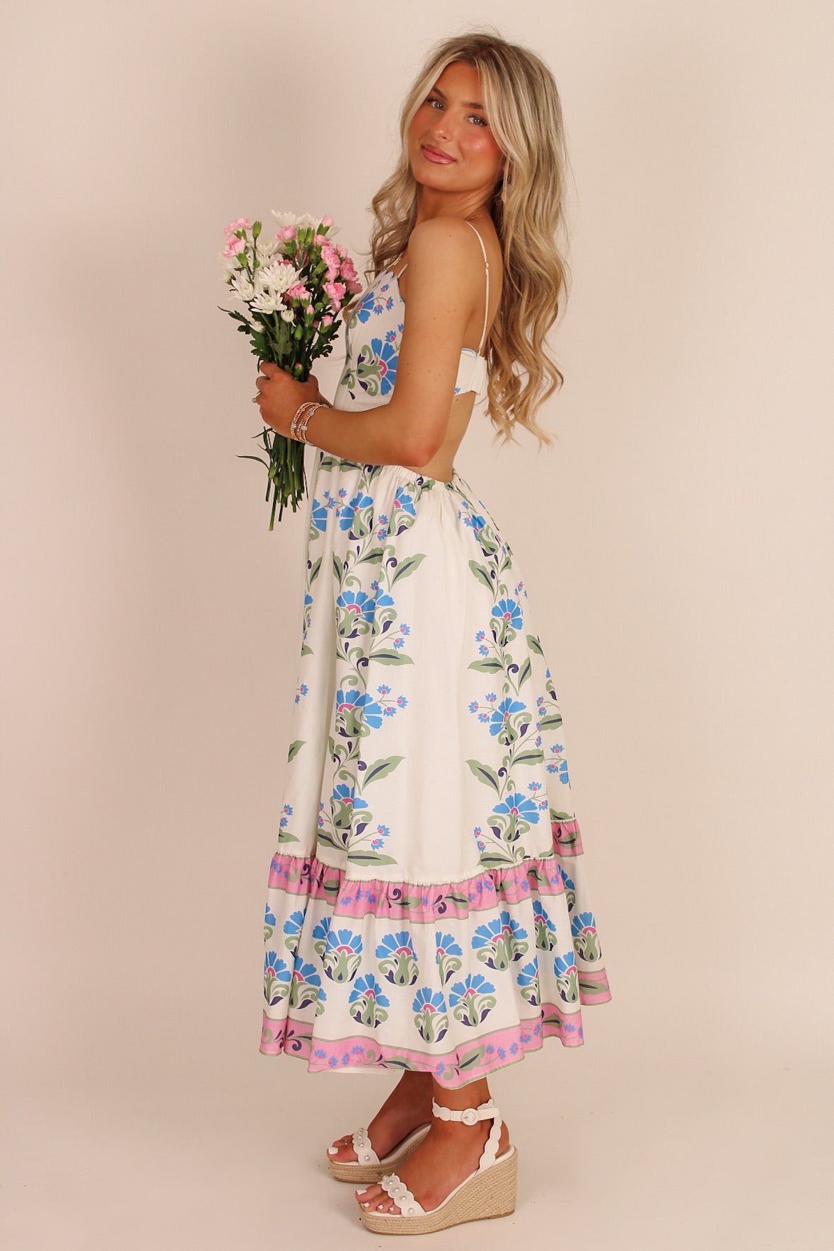 The Cottage Bloom Floral Border Print Cut Out Detail Midi Dress - Multi