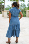 The Lila Tiered V-Neck Midi Dress - Med Wash