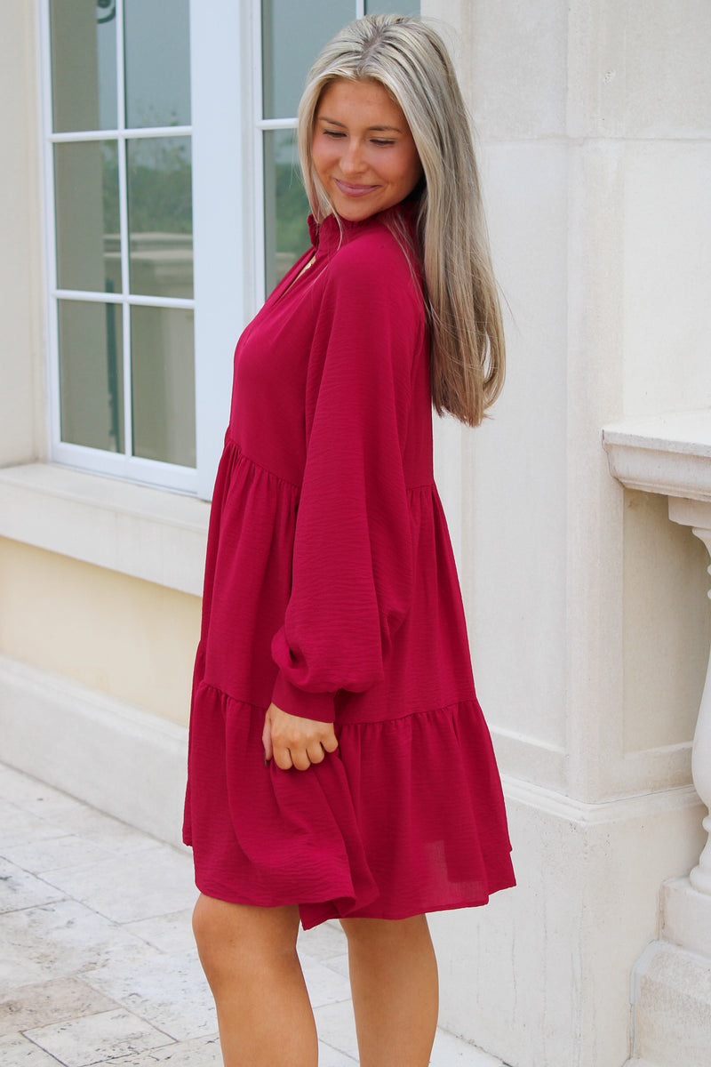 Autumn Harvest Woven Tiered Dress - Wine