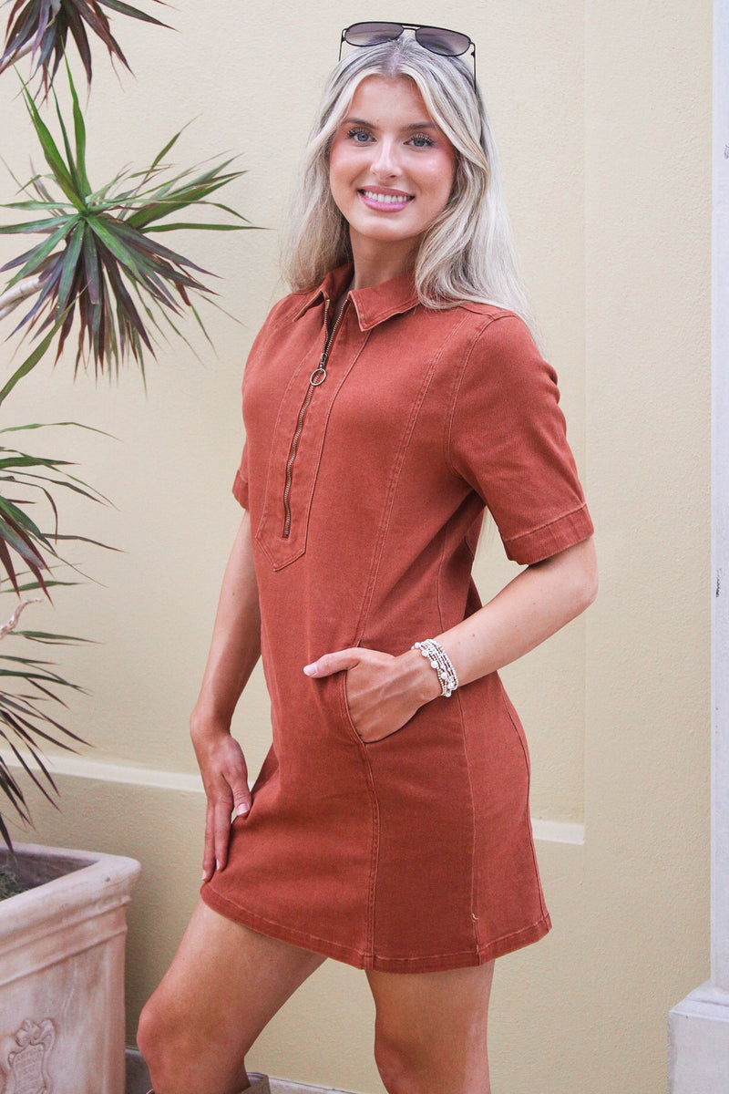 Rustic Charm Zippered Mini Dress - Rust