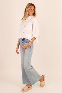 Soft Breeze Button Down Peplum Top - White