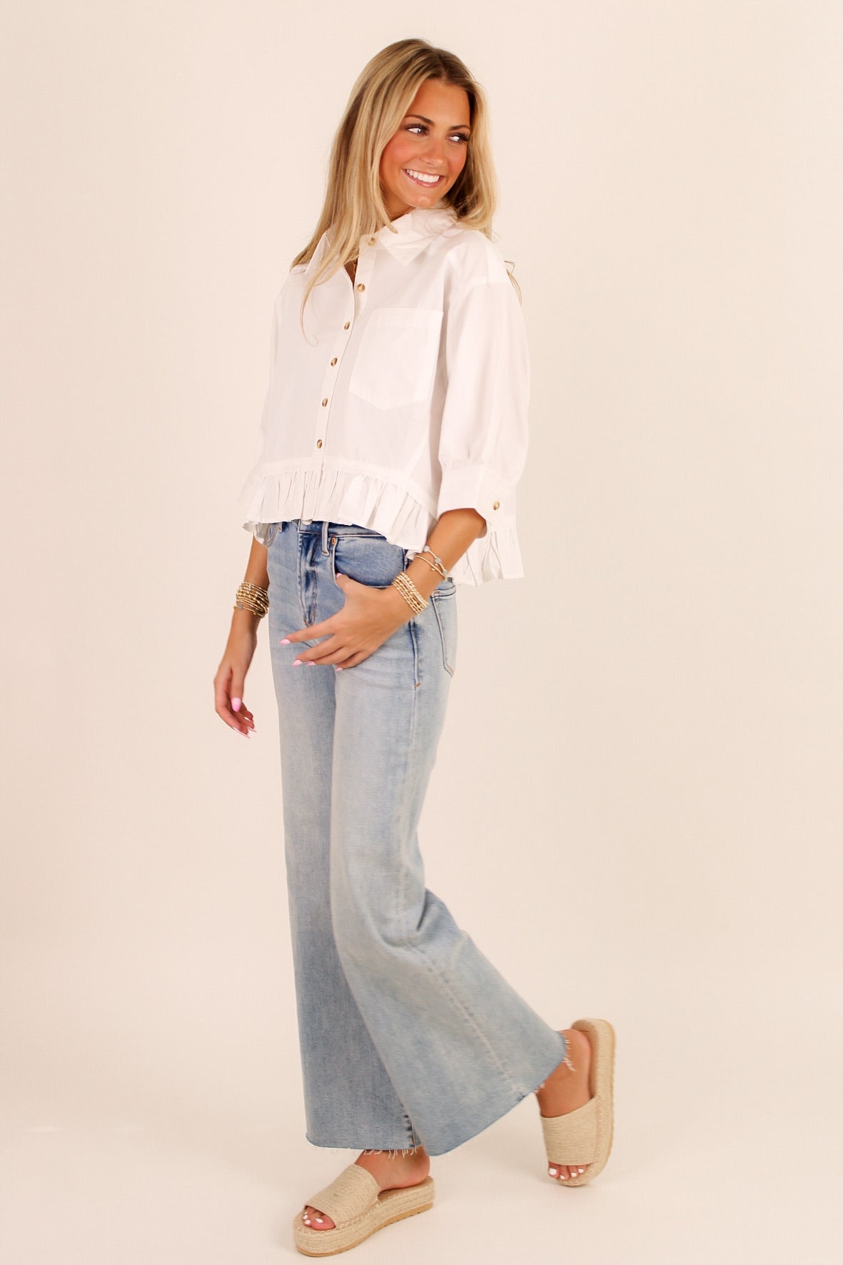 Soft Breeze Button Down Peplum Top - White