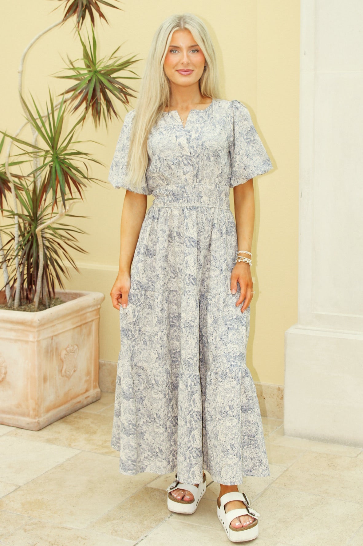 Blue Meadows Puff Sleeve Tiered Maxi Dress - Navy