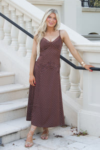 Timeless Charm Lace Trim Midi Dress - Brown