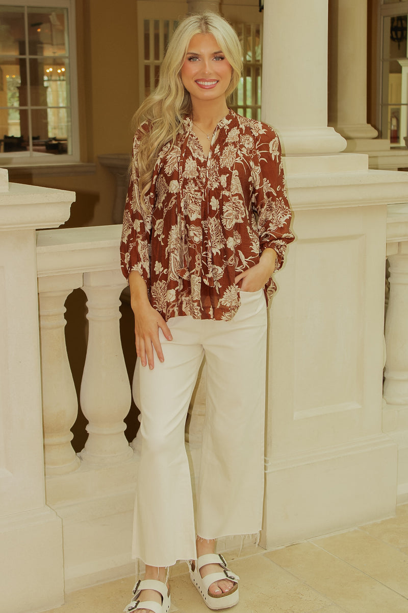 Amber Charm Floral Print Tie Top - Brown