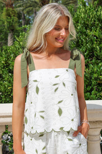 Blissful Meadows Floral Embroidery Scallop Hem Top - Moss Green