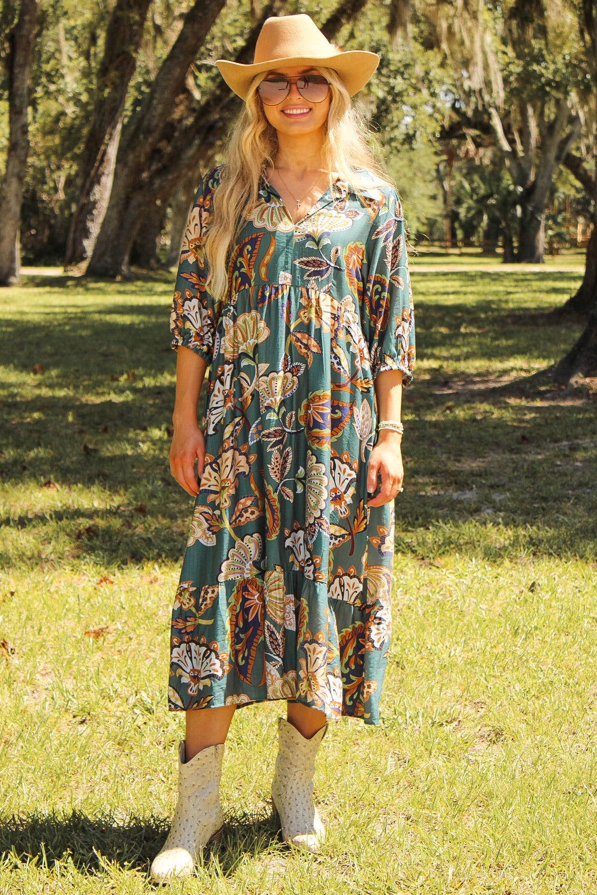 Boho Tides Paisley Printed Midi Dress - Teal Large Boho Tides Paisley Printed Midi Dress - Teal Large