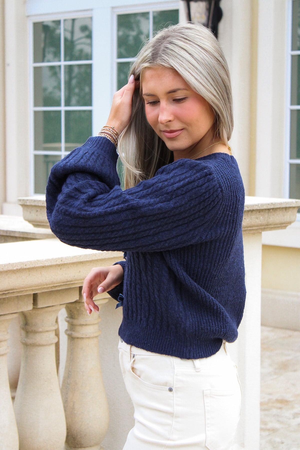 Enchanted Bow Cable Knit Sweater - Navy