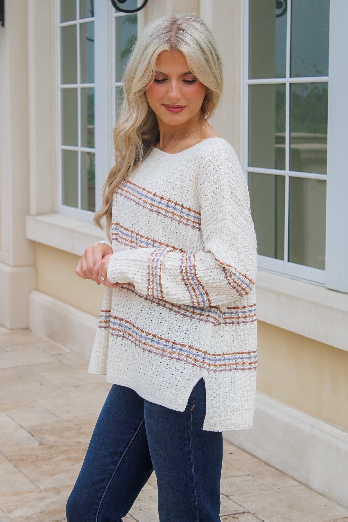 All For Cozy Boatneck Striped Sweater - Multi