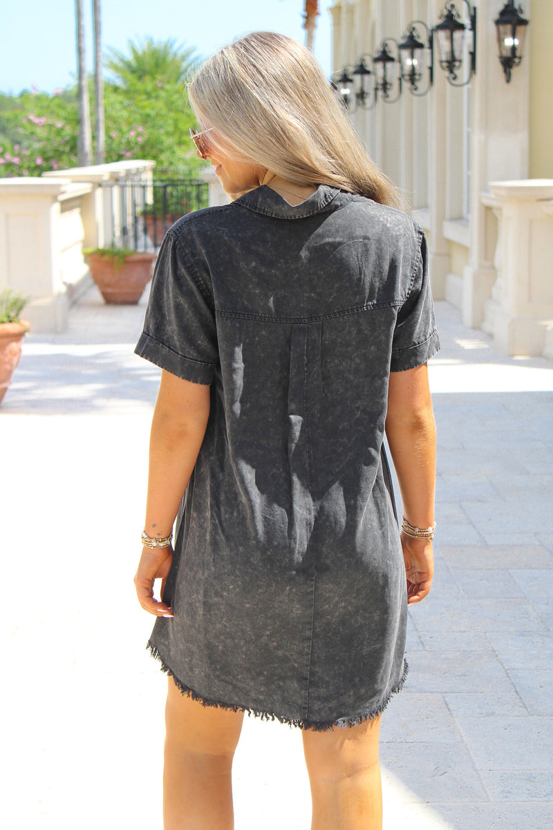 Casually Cute Washed Denim Dress - Washed Black