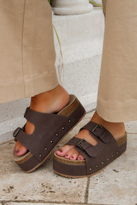 The Emma Cork Buckle Platform Slide - Brown