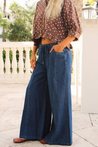 The Weekender Drawstring Wide Leg Jeans - Dk Denim
