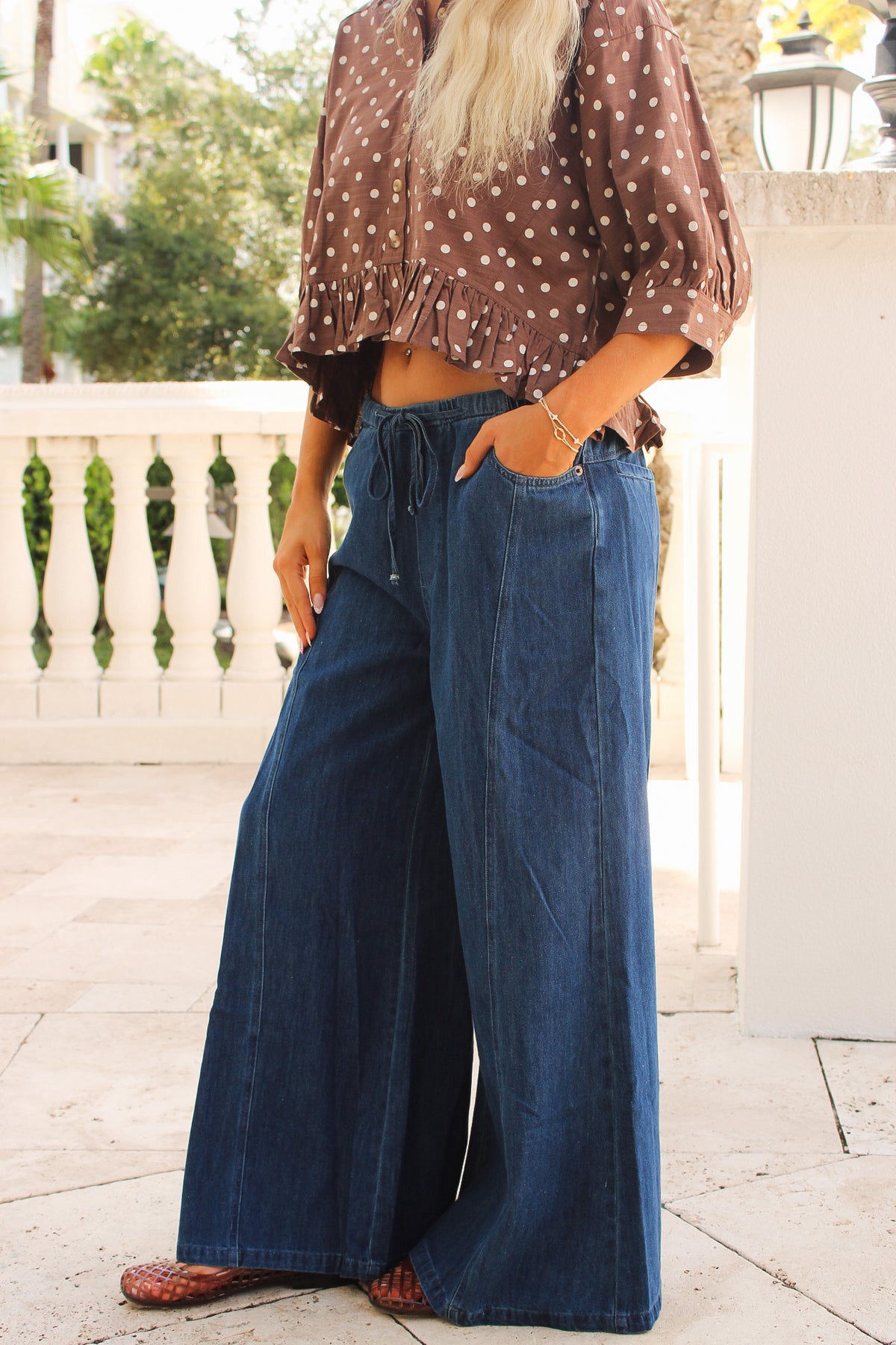 The Weekender Drawstring Wide Leg Jeans - Dk Denim
