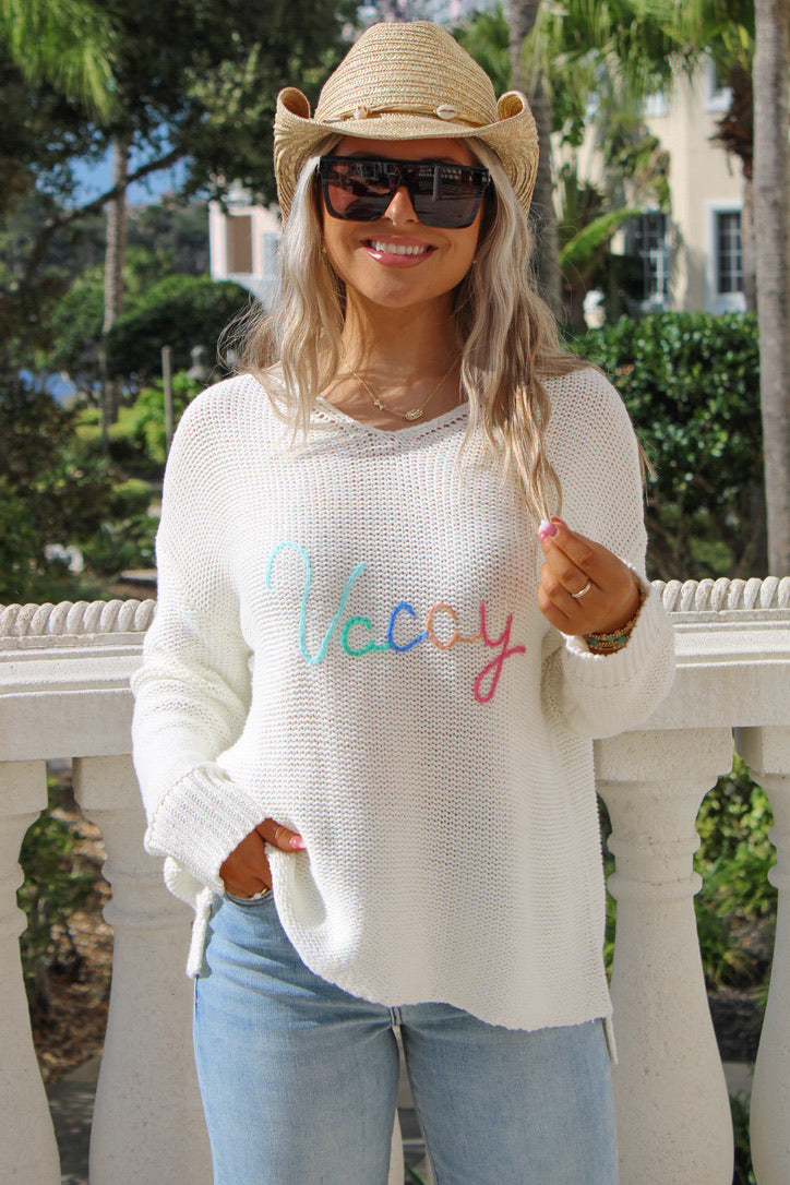 Vintage Havana: Vacay Embroidered Sweater - White