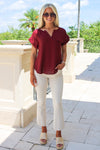Positive Feelings Split Neck Button Top - Burgundy