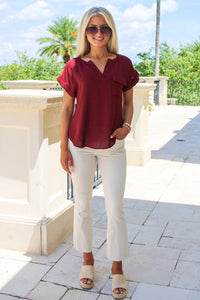 Positive Feelings Split Neck Button Top - Burgundy