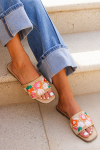 Seaside Petal Raffia Slide Sandal - Multi