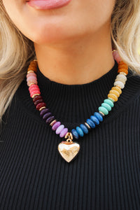 Marble Beaded Puffy Heart Necklace - Multi