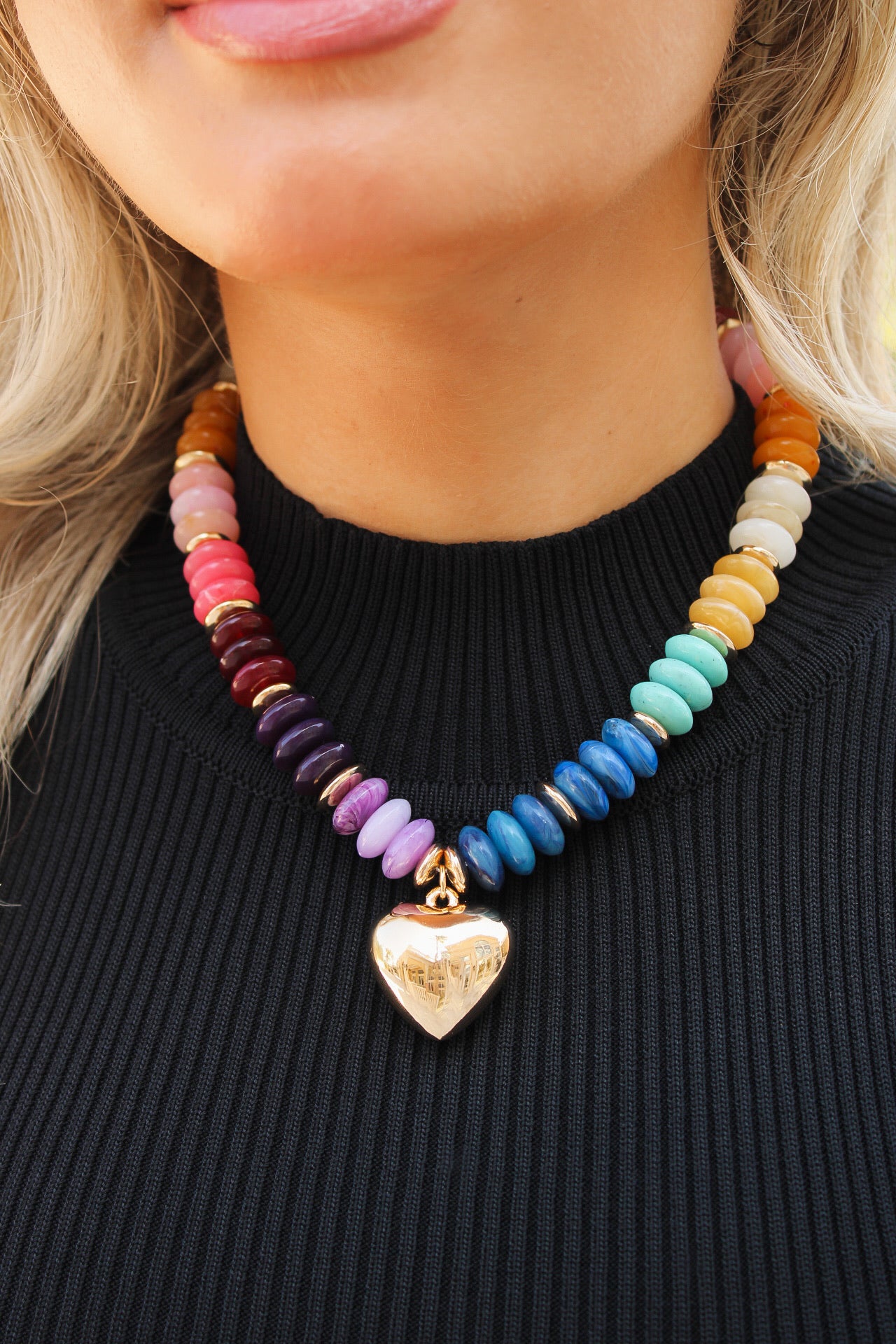 Marble Beaded Puffy Heart Necklace - Multi