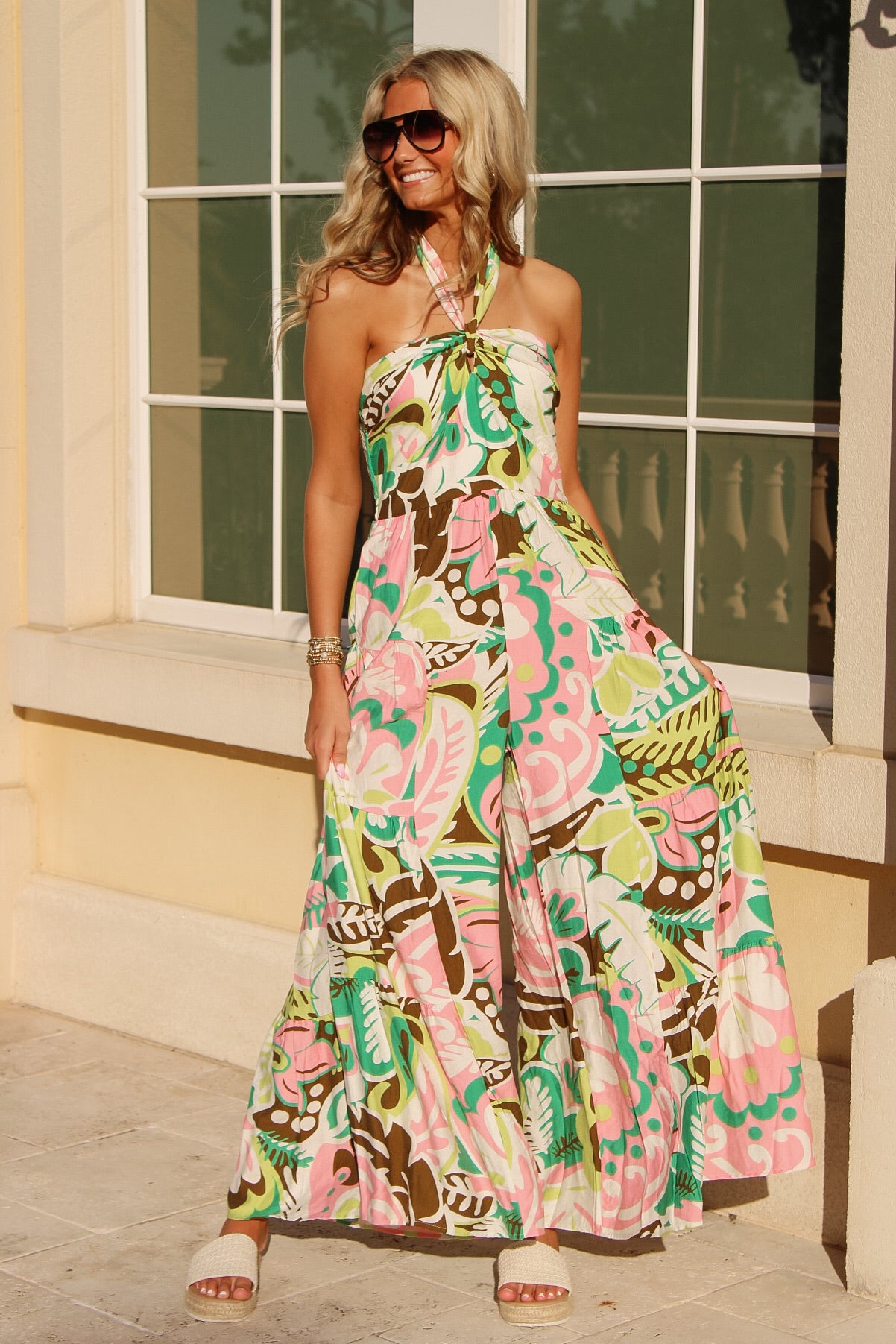 Palm Breeze Halter Neck Jumpsuit - Pink Multi