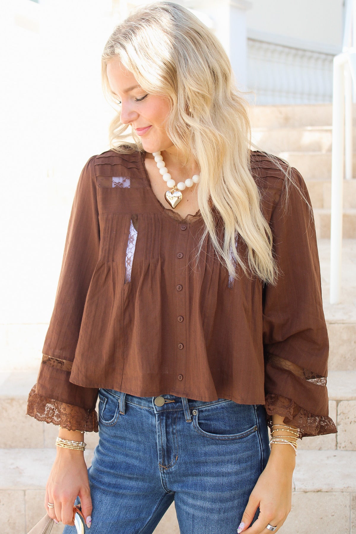 Delicate Intentions Lace Trim Top - Brown