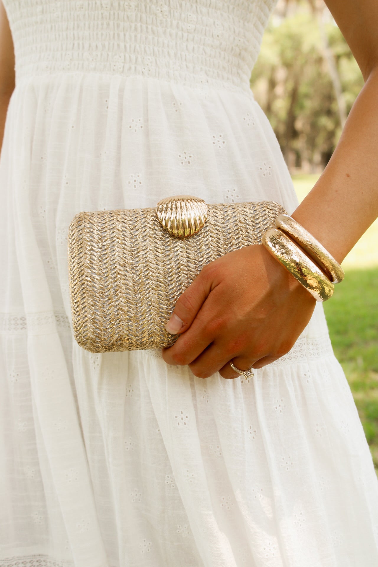 Golden Hour Shell Accent Clutch - Gold