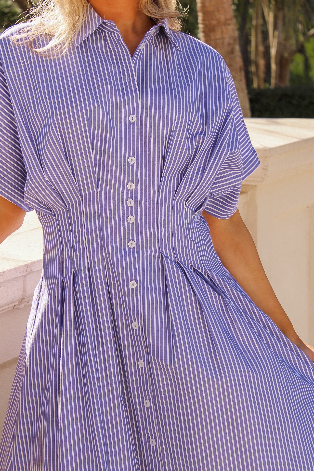 Blue Horizon Striped Pleated Midi Dress - Blue