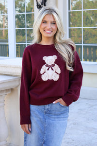 Snuggle Up Teddy Crew Neck Knit Sweater - Burgundy