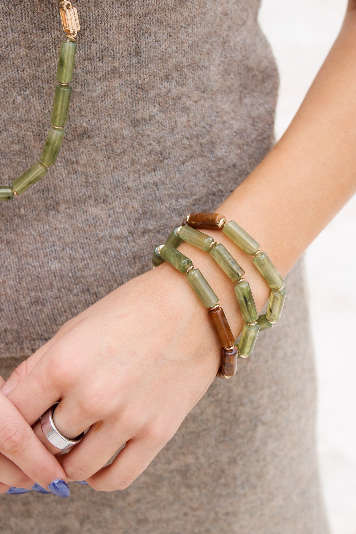 Oval Stone & Crystal Bracelet Set - Olive