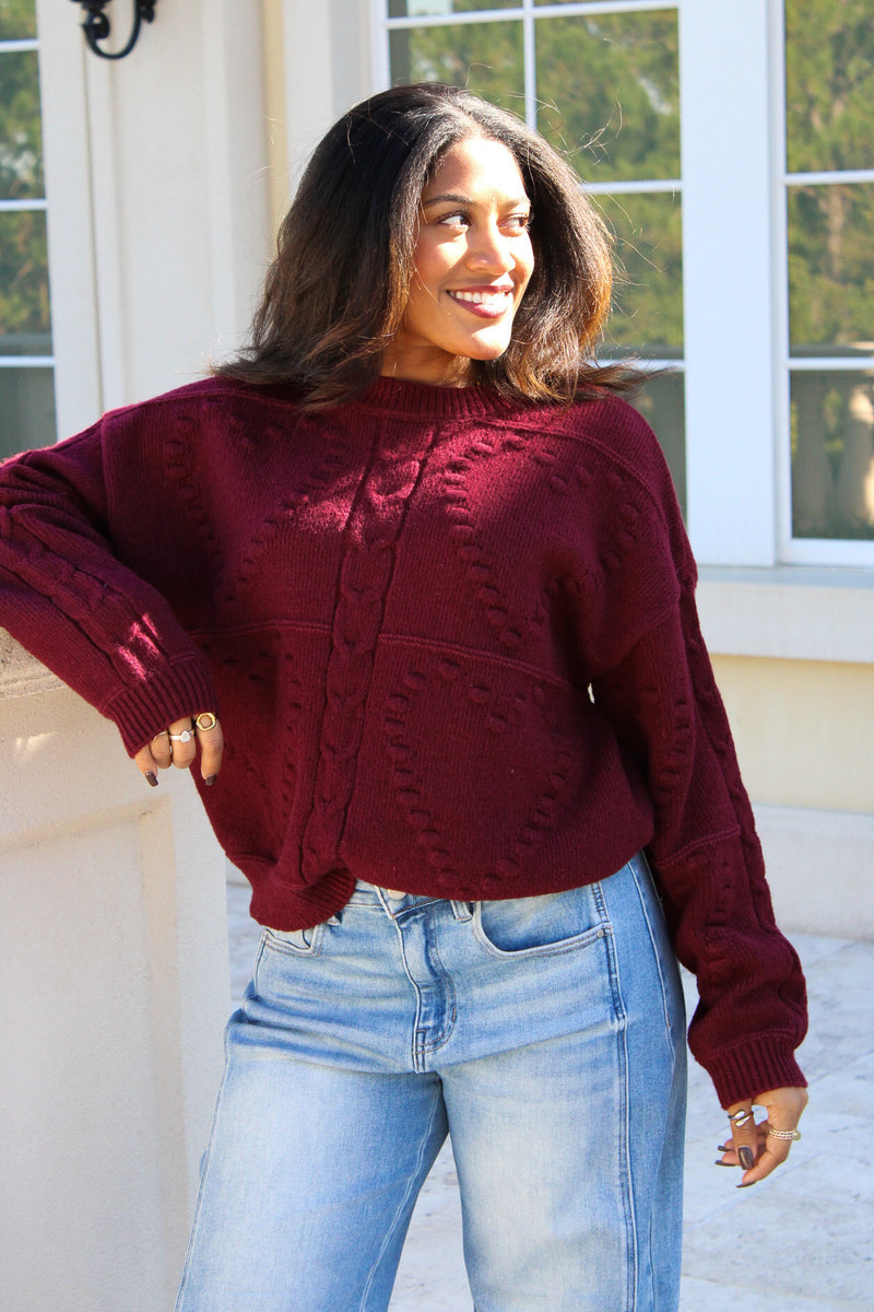 Warm Embrace Heart Sweater - Burgundy