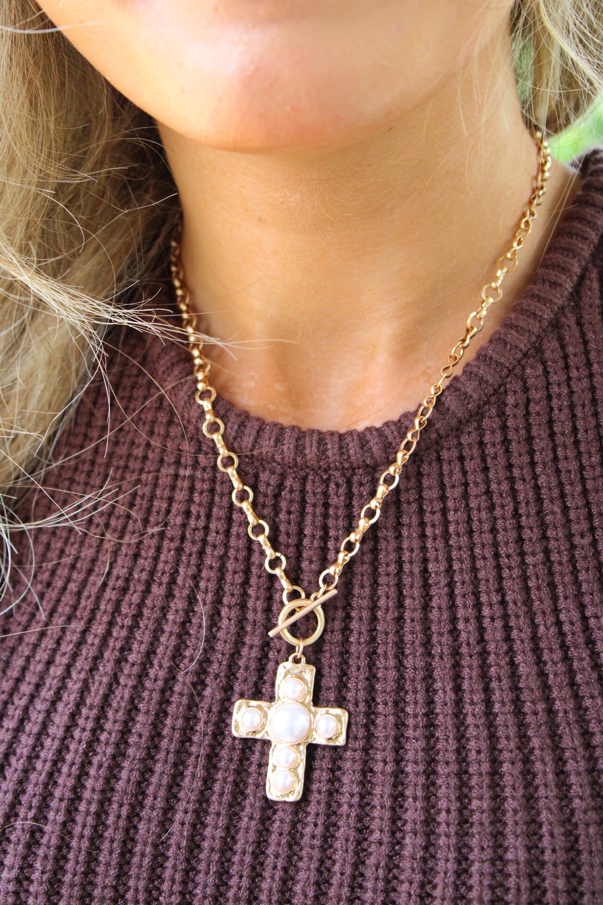 Pearl Studded Cross Toggle Necklace