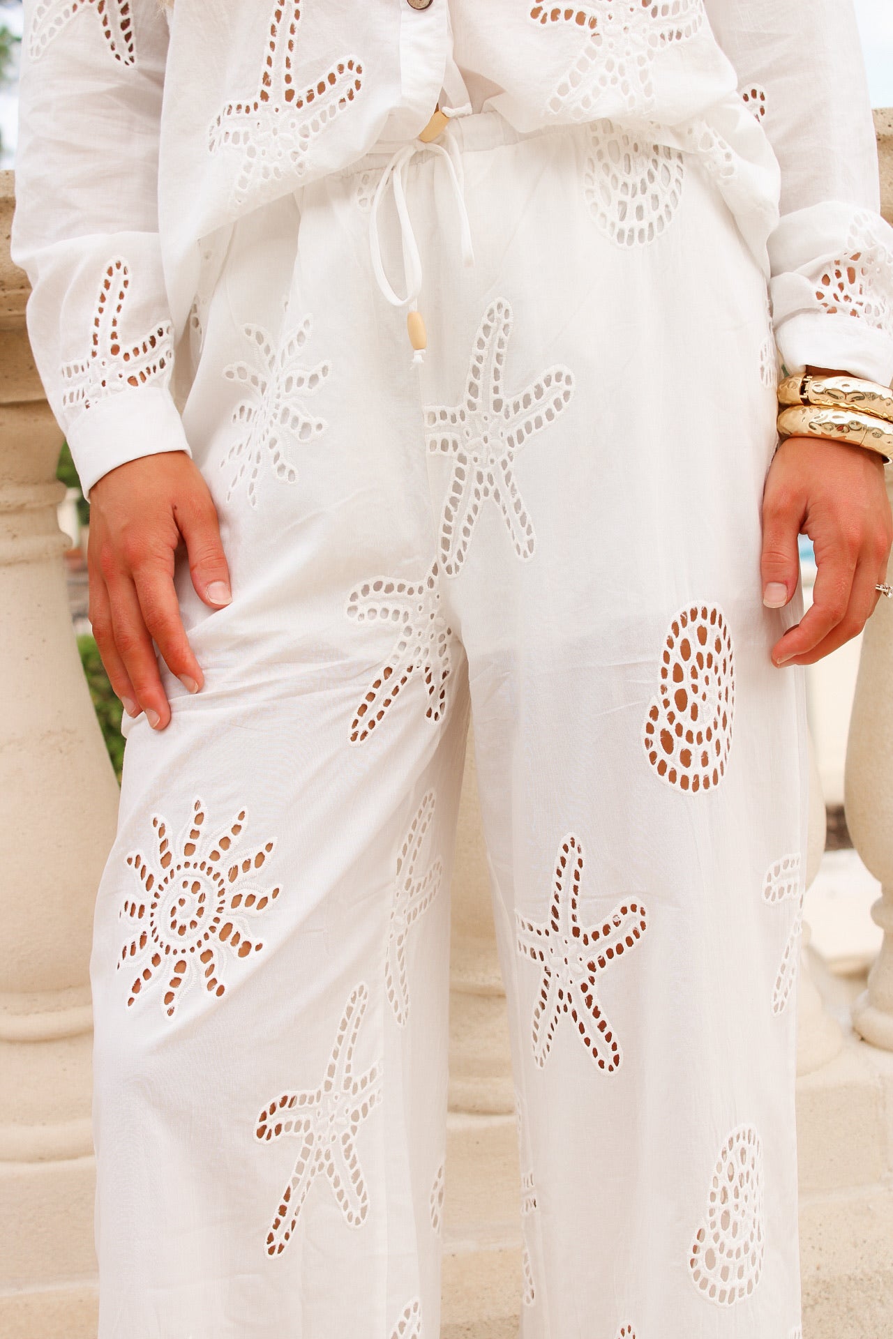 Surf Gypsy: Ocean Eyelet Wide Leg Pants - White – Makk Fashions