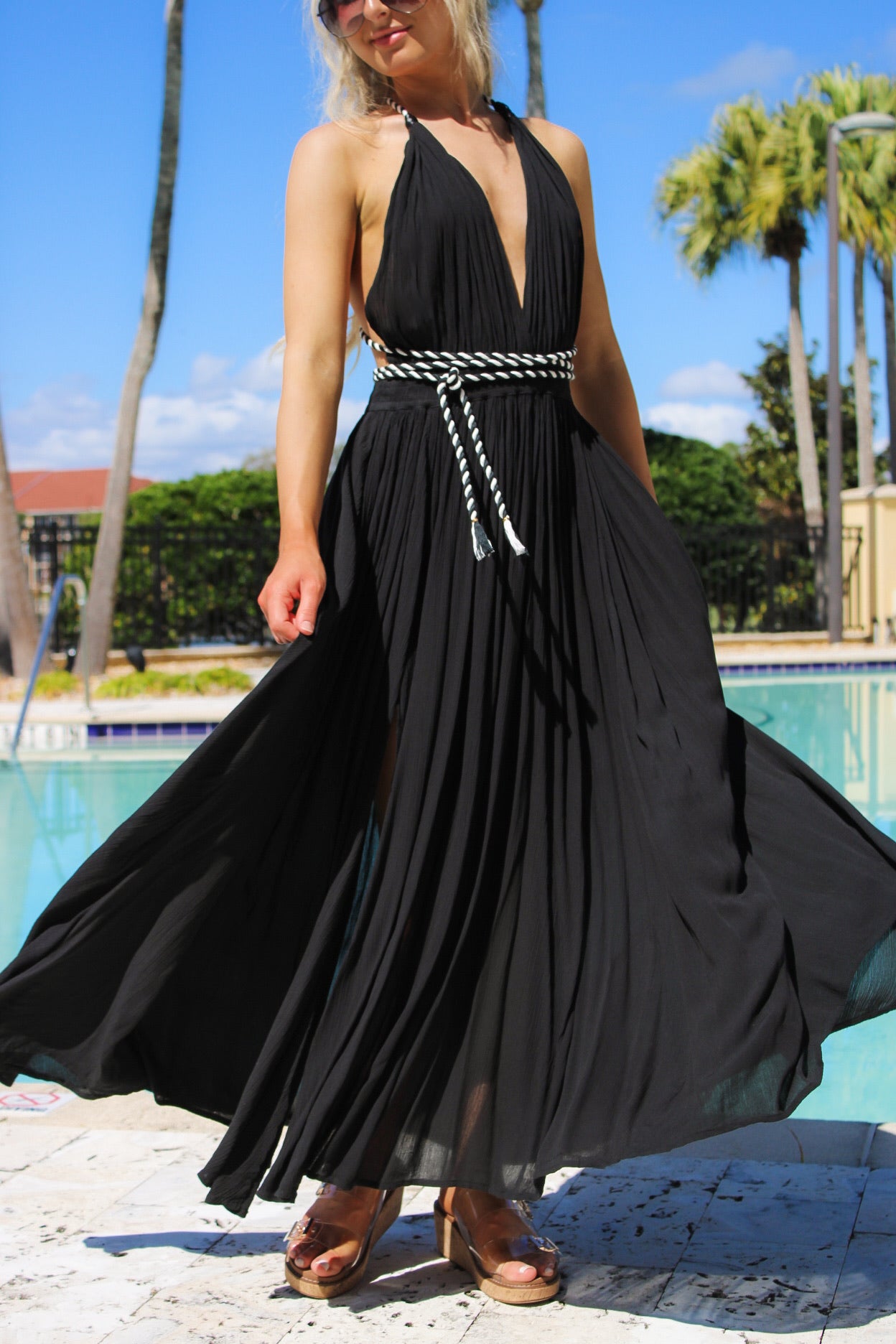 Midnight Marina Rope Tie Maxi Dress - Black