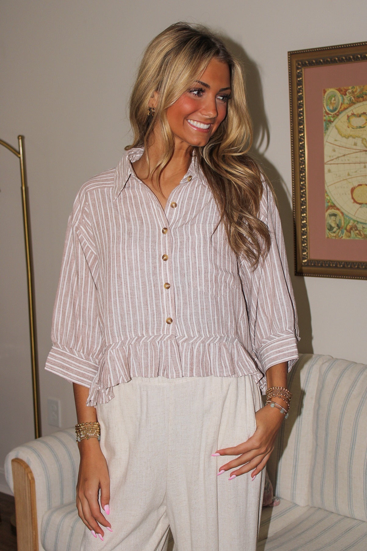 Timeless Threads Striped Ruffled Hem Top - Coco